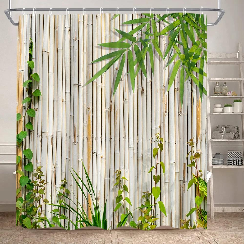 Zen Shower Curtain Landscape Green Bamboo River Lotus Stone Purple Orchid Plant Leaf Polyester Fabric Bathroom Decor Curtain