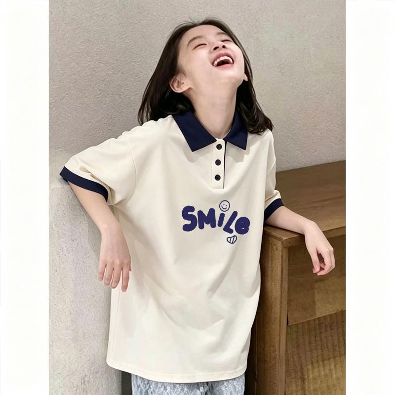 Girls' Summer Pure Cotton Polo Shirt - Sweet Lapel Short Sleeve Top for Medium and Large Children