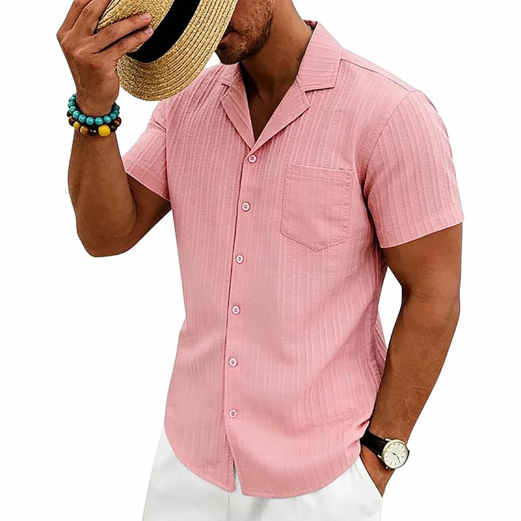 Loose Cuban Collar Short Sleeve Shirt Men's Summer Casual Solid Color Beach Shirts Men