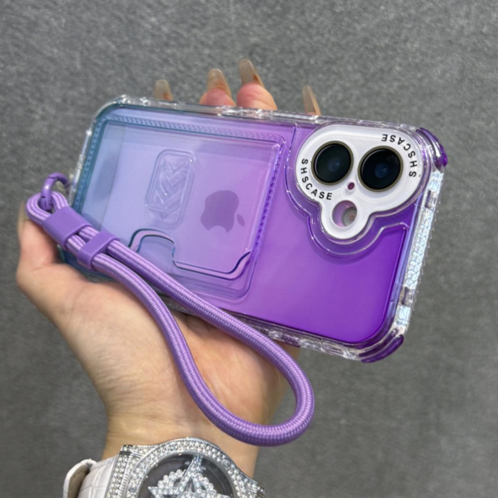 Gradient Slot Card Holder Wrist Strap Lanyard Phone Case For iPhone 15 16 Pro Max Plus 13 12 Air Cushion Bumper Protective Cover