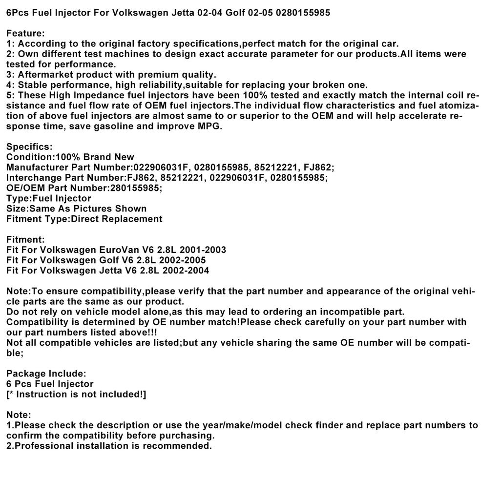 6 Stück Kraftstoffeinspritzdüsen für Volkswagen Jetta 02-04 EuroVan 01-03 0280155985