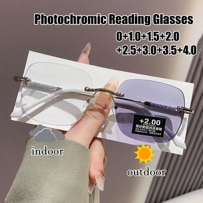 Men Women Photochromic Reading Glasses Square Anti UV Presbyopia Stylish Retro Rimless Color Changing Eyewear 0+1 0+4 0