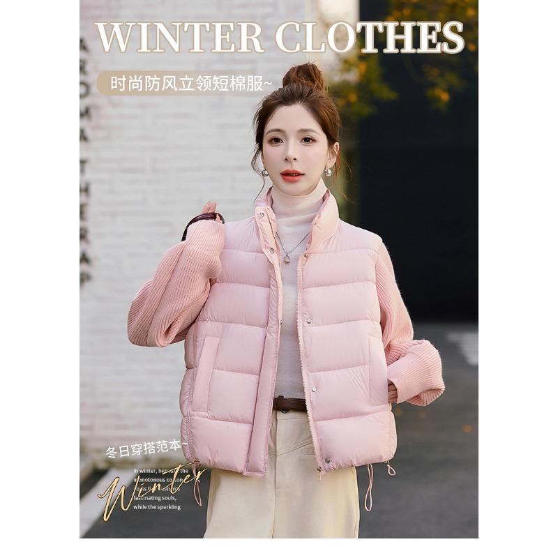 Women Short Cotton Jacket Stand Collar Long Sleeve Solid Color Casual Winter Coat