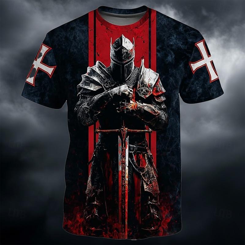 Templar Warrior 3D Printed T-shirt with Medieval Pattern Short Sleeve Top for Summer Men's Casual Street Round Neck Clothing