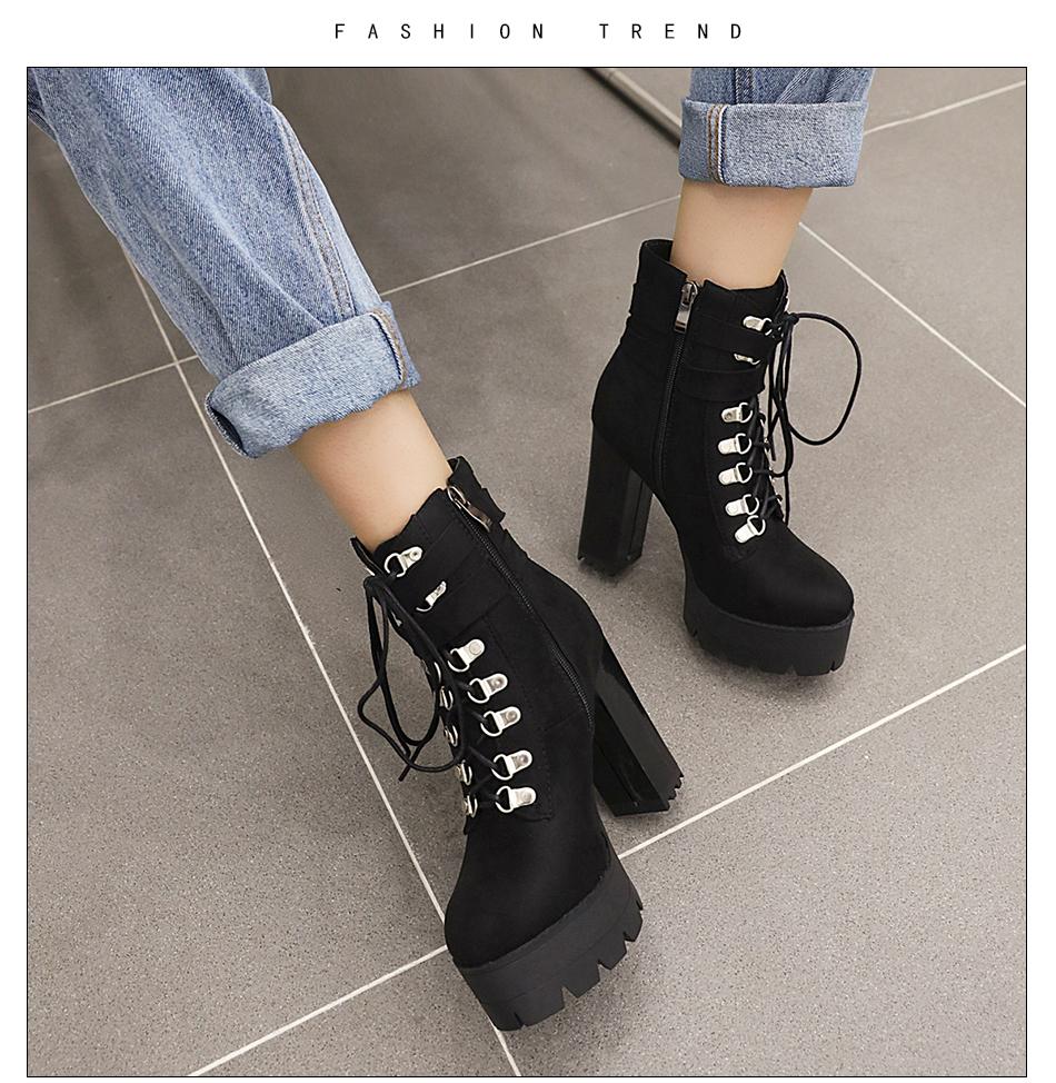 Belt Buckle Ankle Boots - High Platform Cross - Tied Zip, Office Lady Autumn Street Style Plus Size
