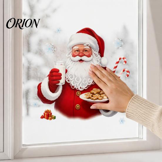 Santa Claus Wall Stickers Christmas Window Clings, Reusable Static Holding Milk And Cookies Winter Party Decorations Glass Decals, Holiday Sticker for