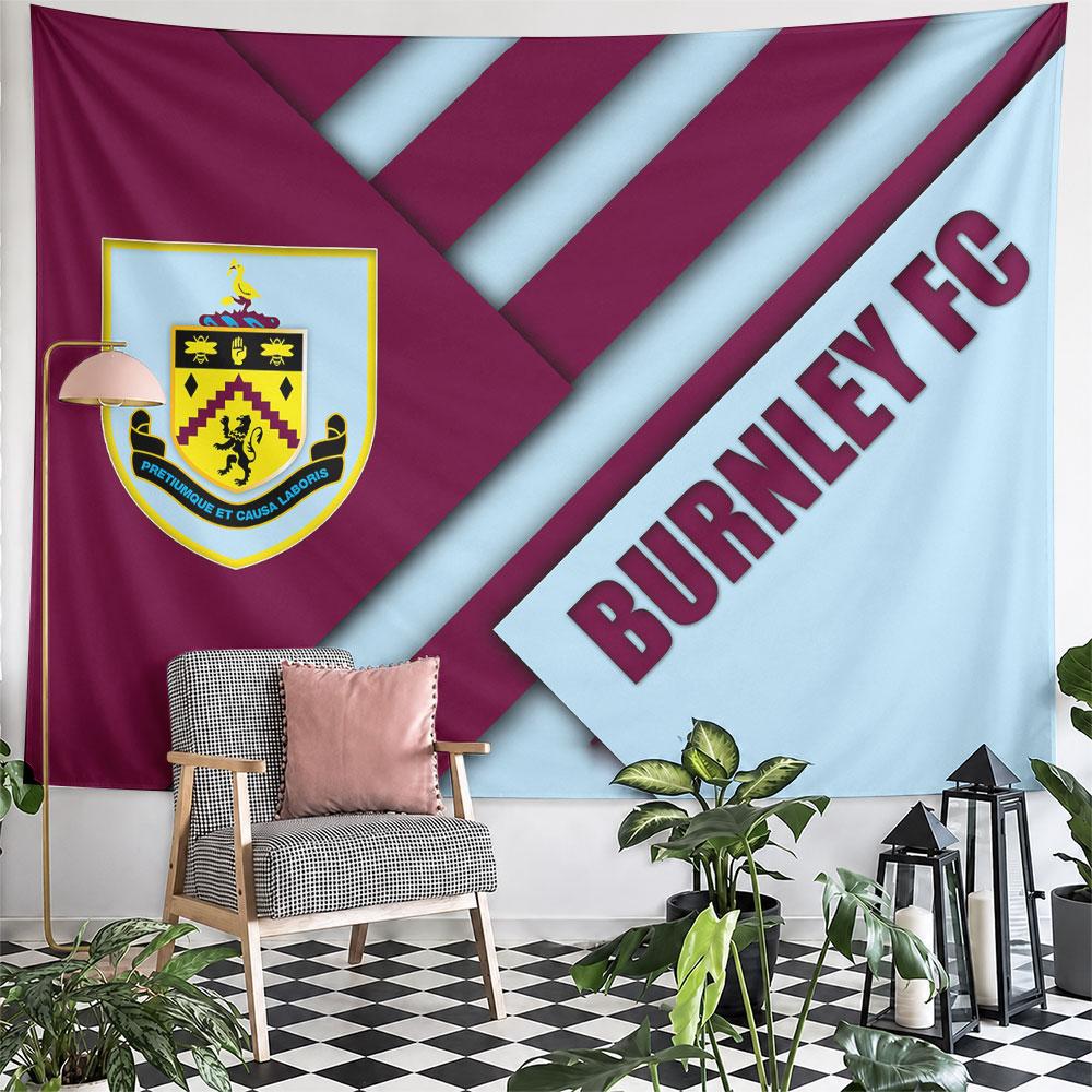 Diagonal claret and blue blocks with Burnley FC logo and name visible. Patterned tapestry for bedroom and living room home decor