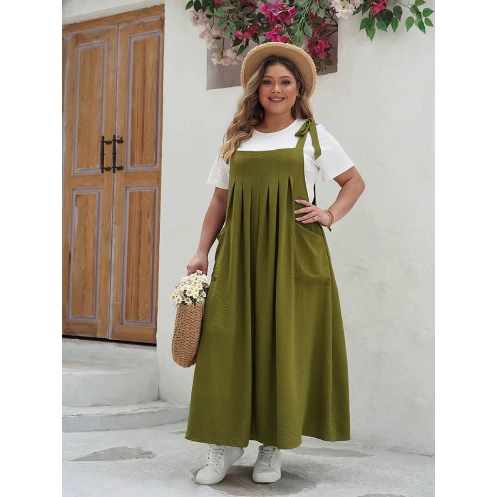 Plus Size Solid Tie Shoulder Overalls Dress For Women  Summer Casual Loose Sleeveless Maxi Long Dresses with Pockets