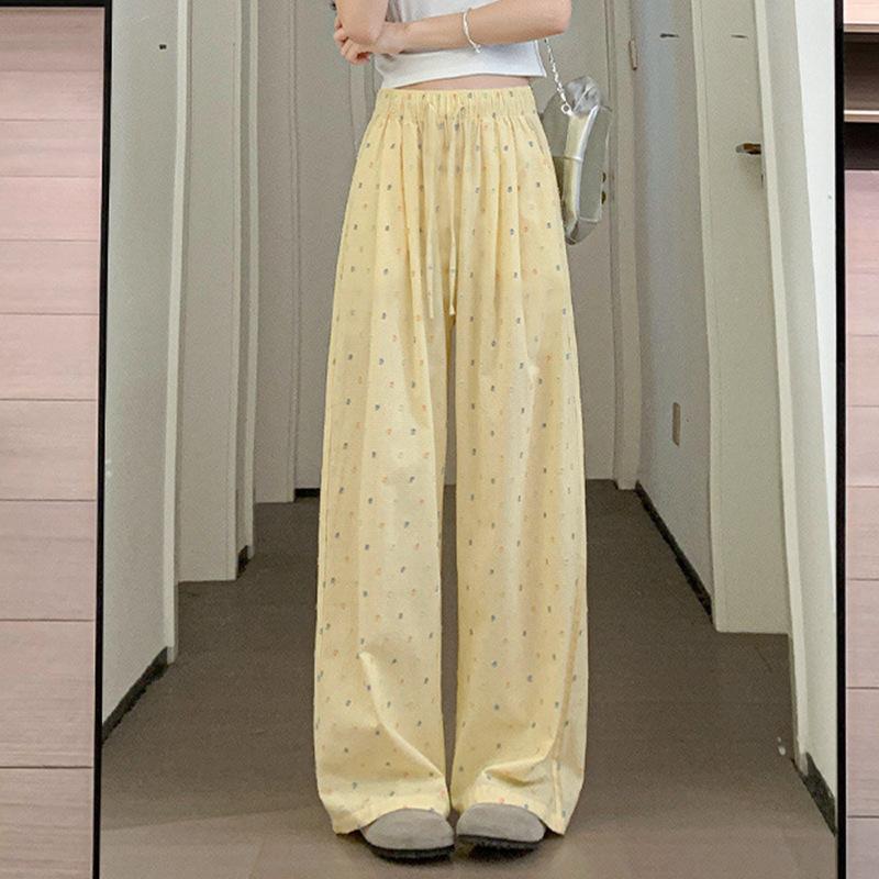 Spring and Autumn Women's Printed Tie Belt Loose Casual High Waisted Straight Leg Pants
