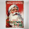 Vintage Wolworth’s America’s Christmas Store Metal Tin Sign, Rusty Rusted Retro Advertising Plaque with Santa Claus for Home Caf