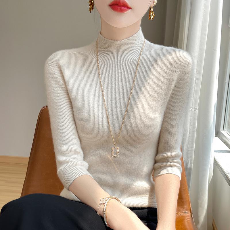 2025 Spring Women's Slim-Fit Mid-Neck Knitted Top with Five-Point Sleeves