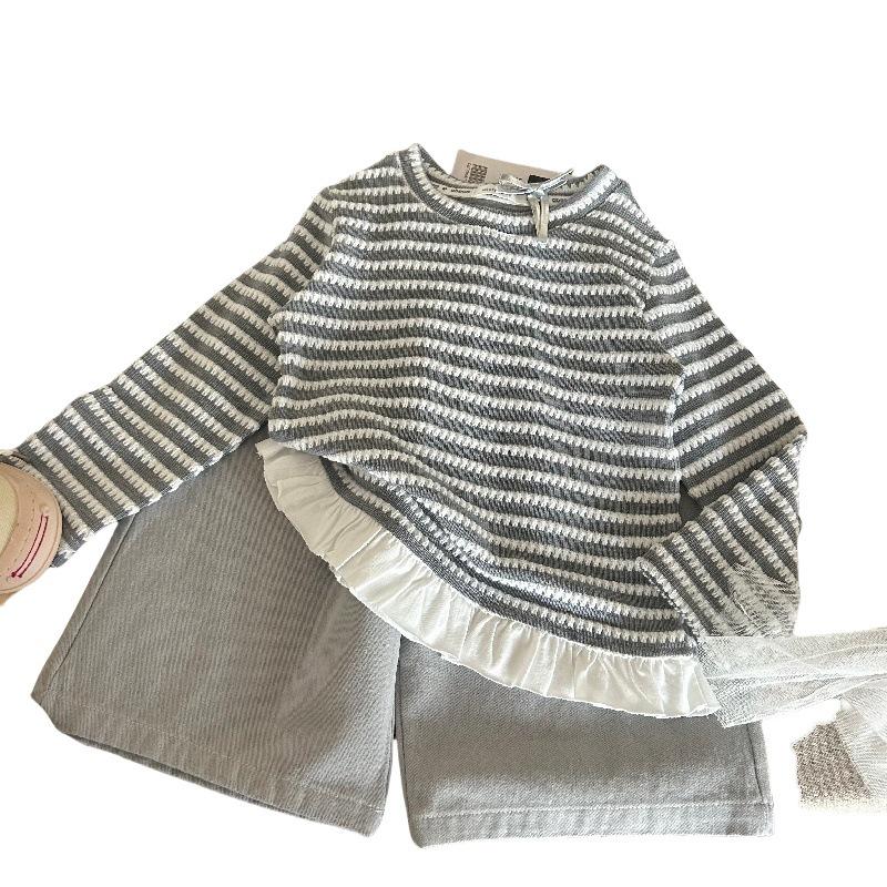 Korean Style 2025 Spring Girls' Striped Shirt & Blue Wide-Leg Pants Set