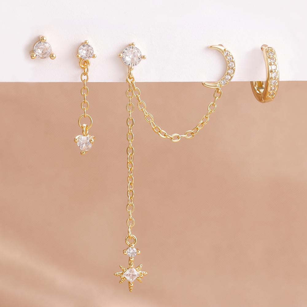 4PCS Women's Earrings Set Stainless Steel Cubic Zirconia Chain Moon Star Unique Punk Unisex Rock Earring Piercing Jewelry