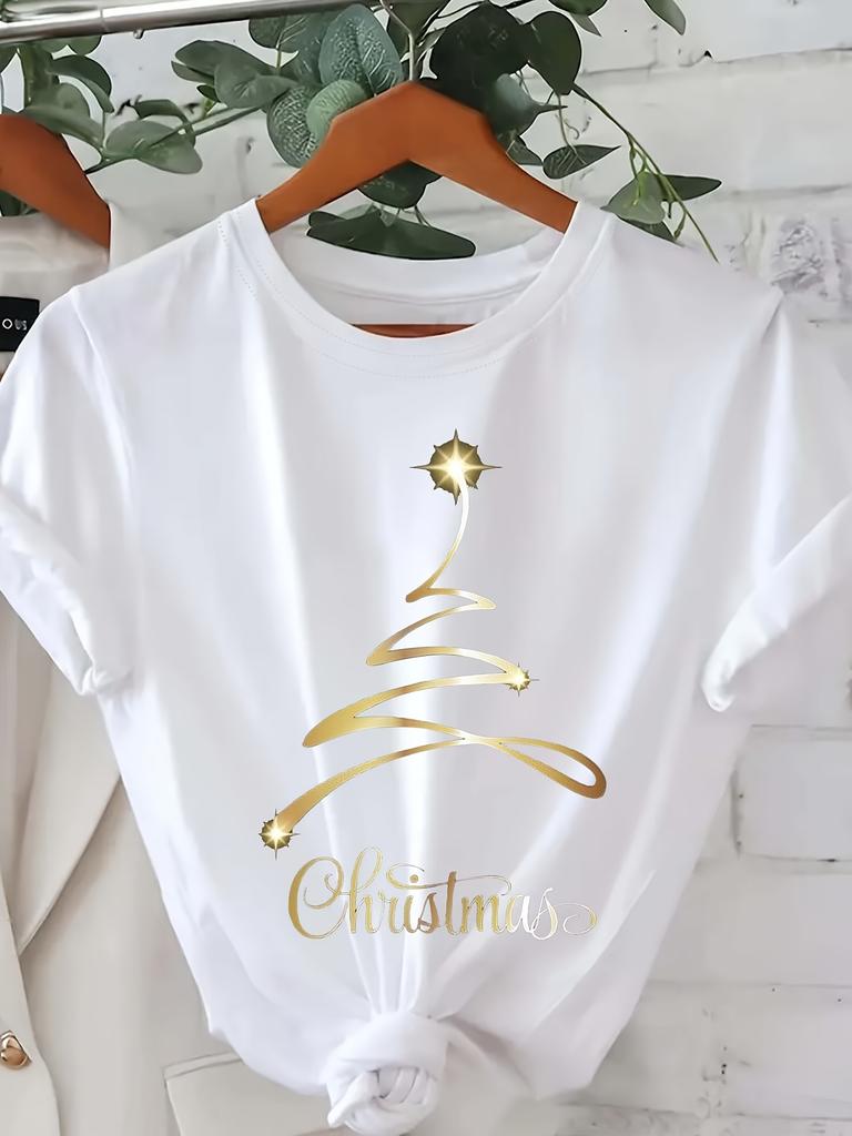 Womens Casual Christmas Tree Star Graphic Harajuku Short Sleeve Casual Tshirt Clothing Street Tops Tees Aesthetic Clothes