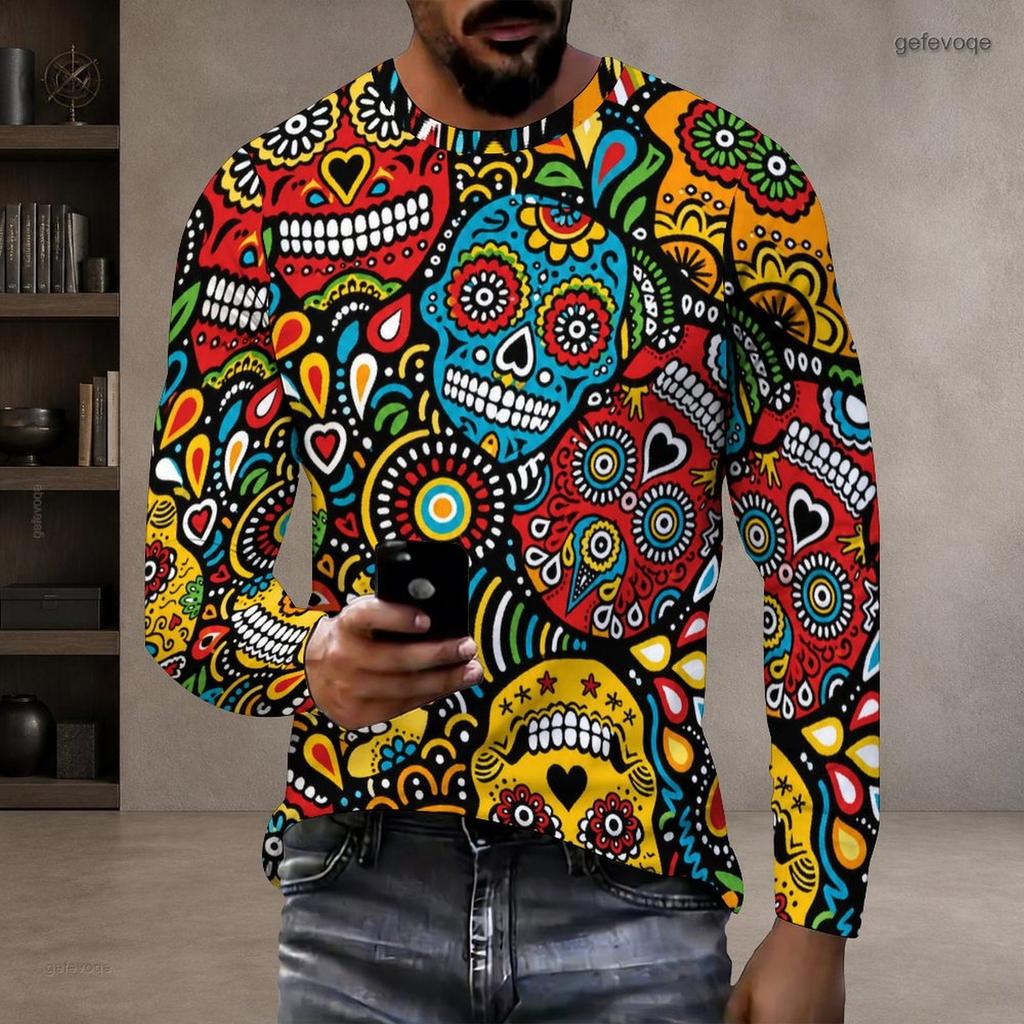 Men Plus Size Black Round Neck Long Sleeve Christmas Neon Printed Pullover T Shirt