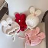 Baby Beanies with Tie Warm Lining Furry Pompoms Rabbit Ears Hat Adjustable Size Plush Hat Lovely Photo Props