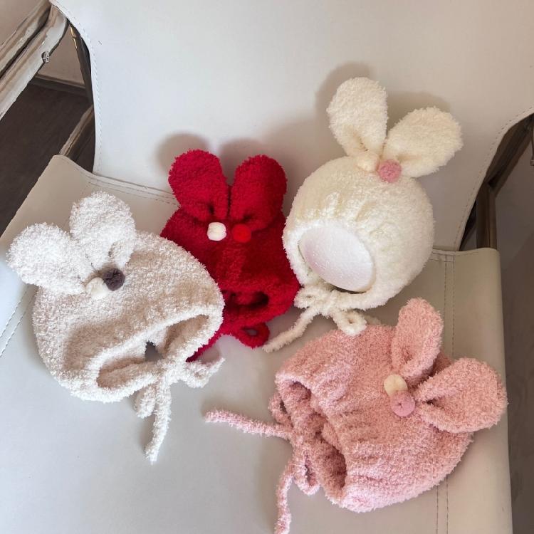 Baby Beanies with Tie Warm Lining Furry Pompoms Rabbit Ears Hat Adjustable Size Plush Hat Lovely Photo Props