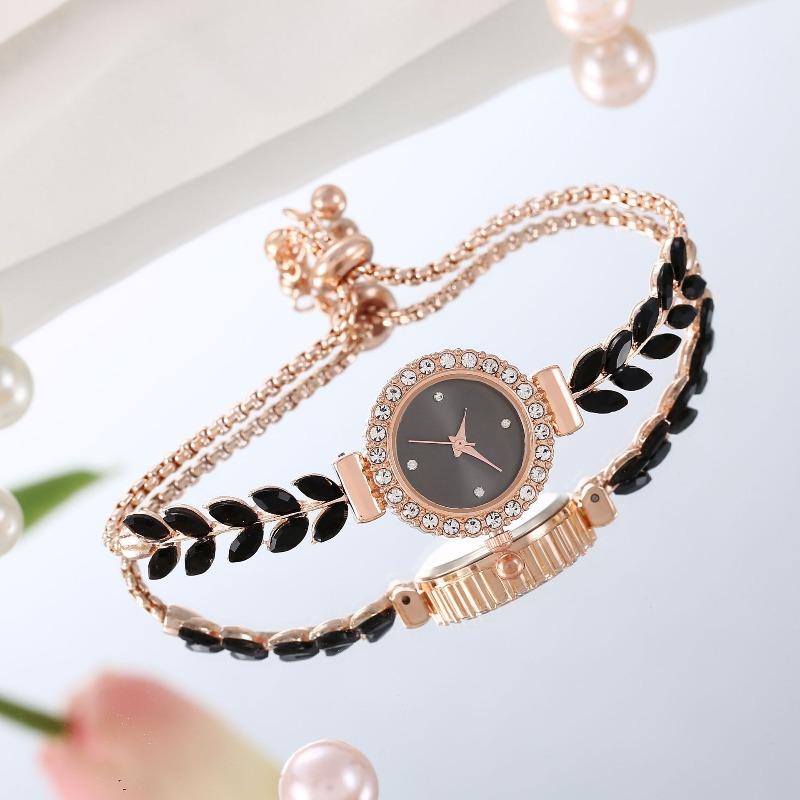 Fashion green leaf thin belt with diamond malachite green round women's watch pull adjustment chain list women's quartz watch
