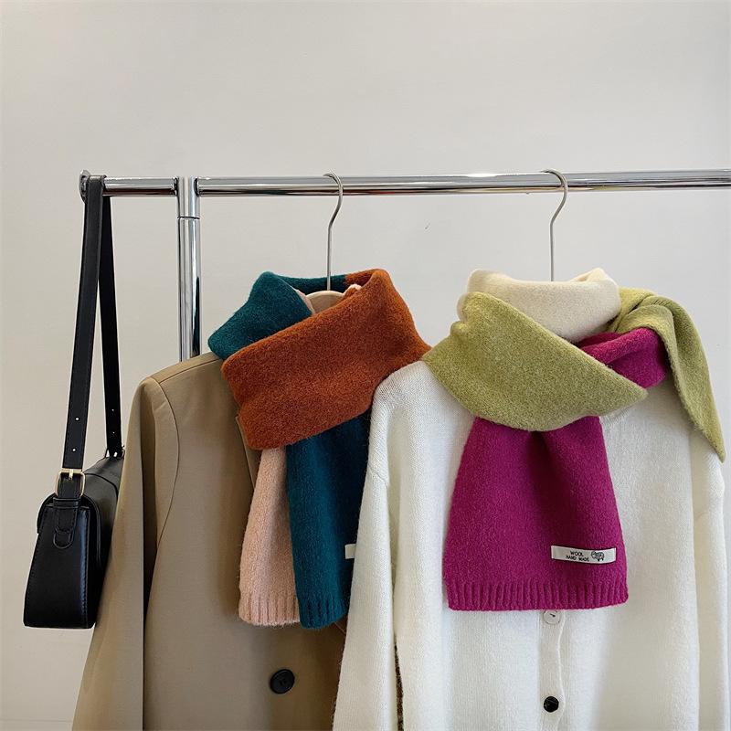 Rose Pink Color blocked Wool Knitted Scarf for Women Winter Ins Style Korean Version Versatile Warm Shawl Student Scarf Trendy