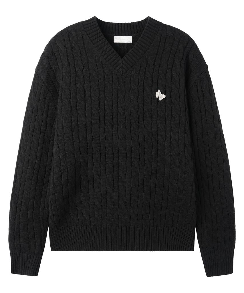 BAKKEN Point Logo Pendant V-Neck Cable Knit Bk8941_Black