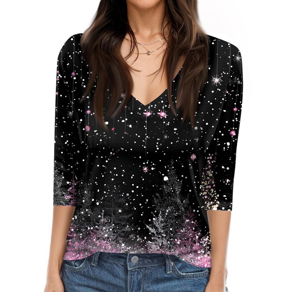 Women's T Shirt CHristmas Print 3/4 Sleeve Daily Weekend Fashion Basic V- Neck Regular Top