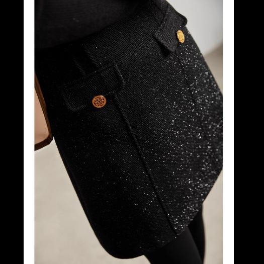 Women Black Wool Glitter Tweed A‑Line Mini Skirt High Waist Short Skirt For Autumn Winter New Arrival