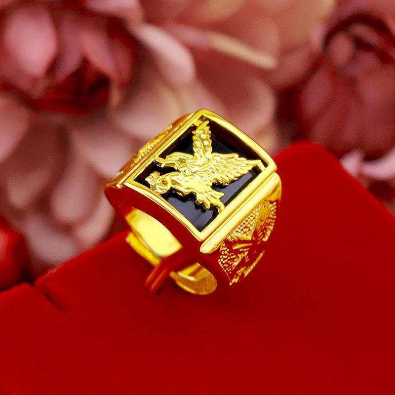 Premium Gold AU999 Men's Rings Fashionable Domineering Eagle Ring 24 Real Gold Large-picture Ring Inlaid Agate Cedar Ring