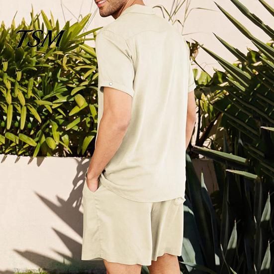 Men Shirt Set 2 Pcs/Set Summer Shorts Suit Solid Color Turn-down Collar Single-breasted Soft Tracksuit for Beach