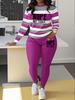 Women's Two-Piece Letter Print Striped Set: Casual Long-Sleeve T-Shirt & Sweatpants/Leggings