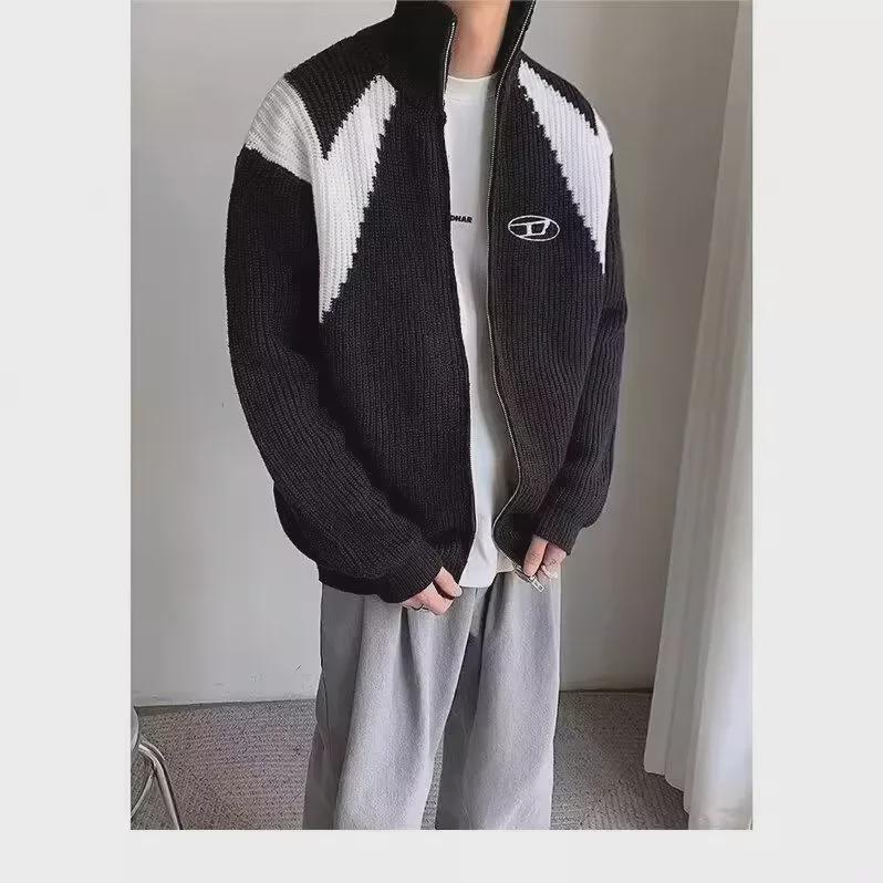 Cardigan cu fermoar pentru bărbați în stil american: Pulover tricotat trendy de stradă cu guler înalt, mâneci lungi, lejer și larg, toamnă/iarnă