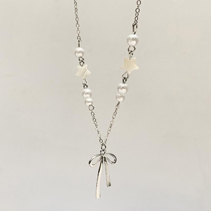 Delicato Collana con Ciondolo Fiocco e Perle a Stella Catena Elegante per la Clavicola Gioiello Ornamentale per il Collo da Donna per Feste