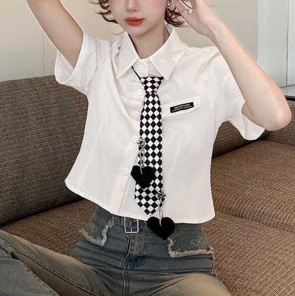 Summer New Year White Shirt Korean Version of The Casual Short Shirt Love Plaid Tie Blouse Female