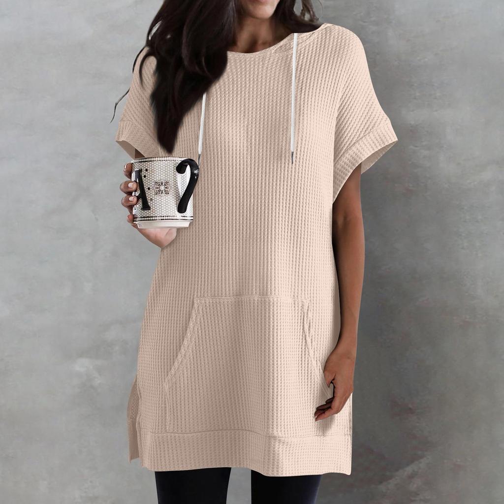 Women's Color Loose Shirts Short Sleeve Drawstring Hoodies Knit Side Slit Tunic Hooded Tops With Pocket