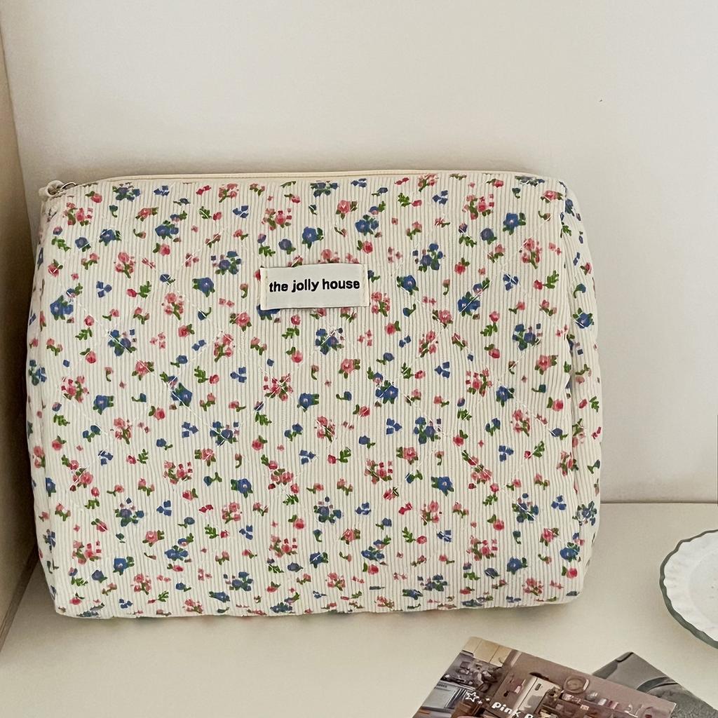 Lovely Floral Corduroy Cosmetic Bag For Storing Skin Care ltems Lipsticks Accessories Travel Necessity Birthday Gift