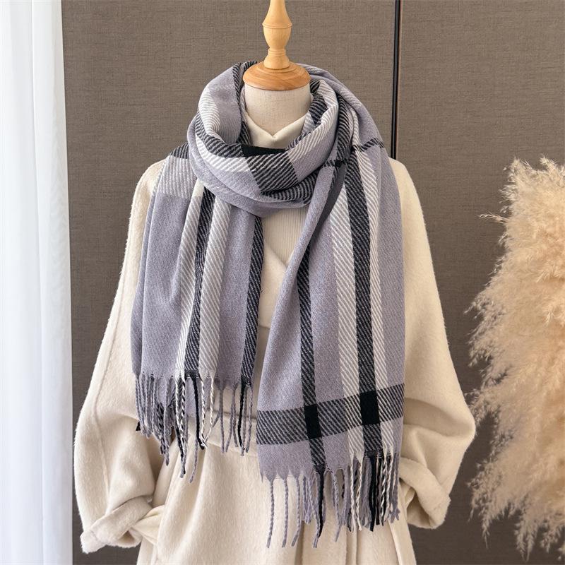 Korean Retro Plaid Autumn and Winter Warm and Cold Scarf Shawl Commuting Versatile Couple Tassel Imitation Cashmere Scarf