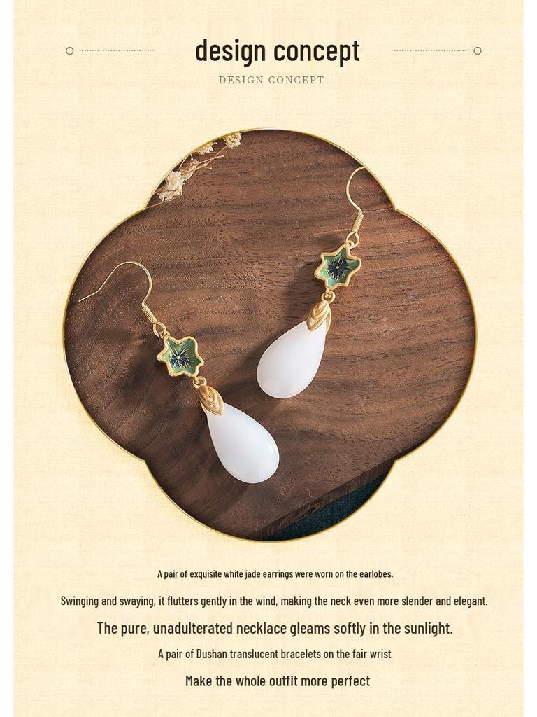 Chinese Retro Cloisonné Tassel Earrings with Hetian Jade