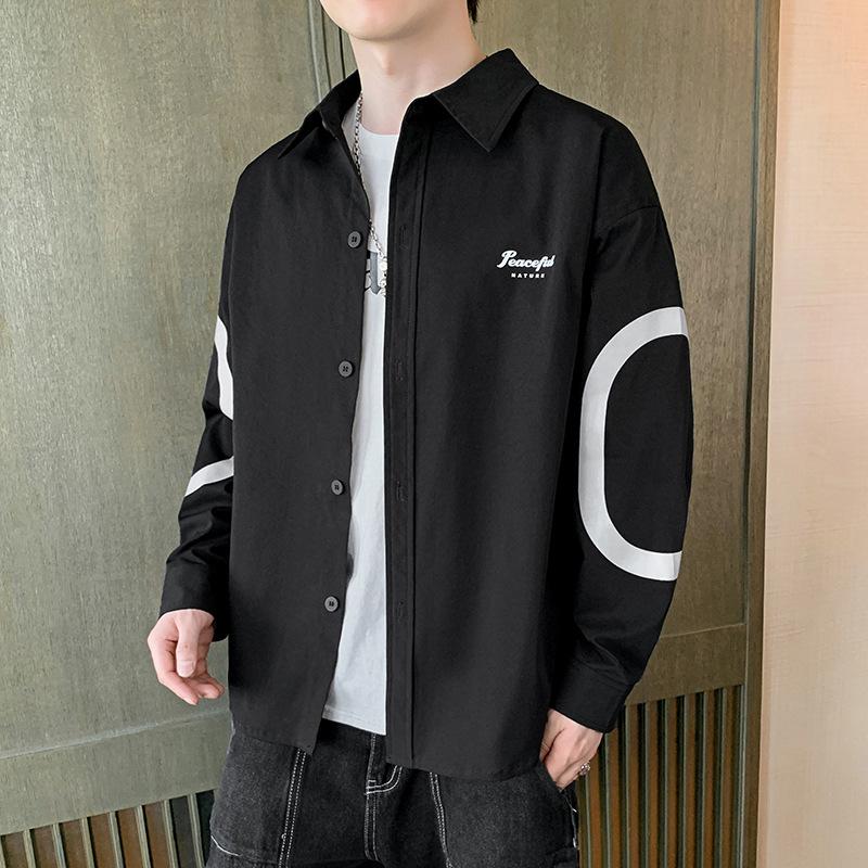 Men's Black Patchwork Striped Shirt, Casual Long Sleeve Button Down Color Block Top for Daily Wear