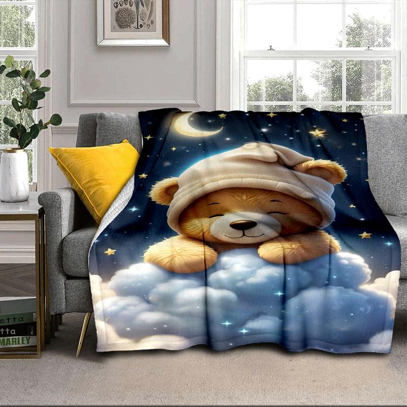 Teddy Bear Night Sky Blanket Flannel Blanket for Bed, Sofa, Camping, Hiking, Picnic Essentials, Gift for Family Fan Gifts