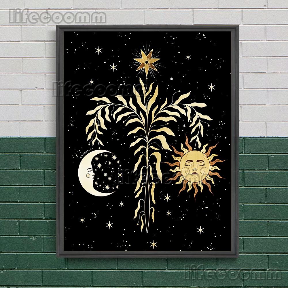 Sun Moon Wicca Abstract Art Poster And Print Witch On The Moon, Witchcraft, Wall Art Canvas Painting Decoration (with Frame)