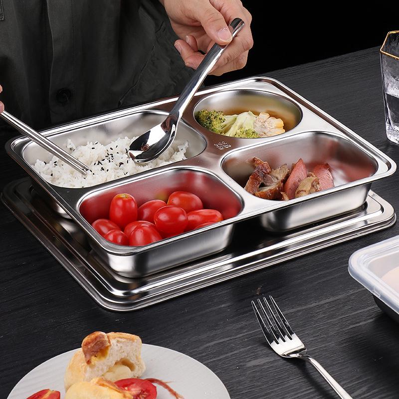 304 Stainless Steel Compartment Tray with Lid: Rectangular Fast Food and Canteen Rice Tray, Chinese Style