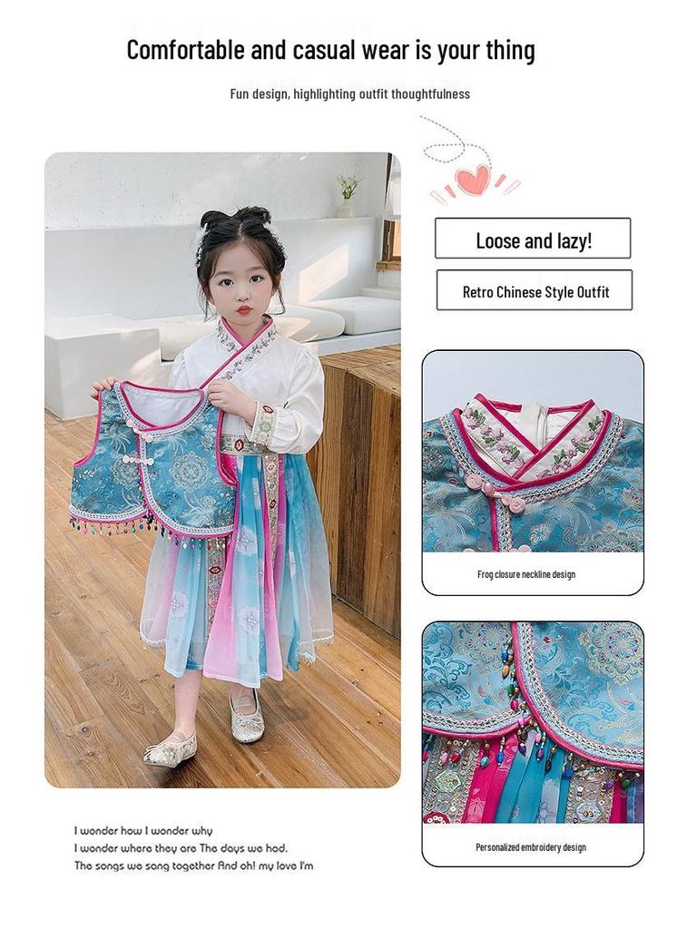 Girls' Spring & Autumn Hanfu Dress Set – Chinese Style Performance Costume for Children, Two-Piece Ethnic Outfit