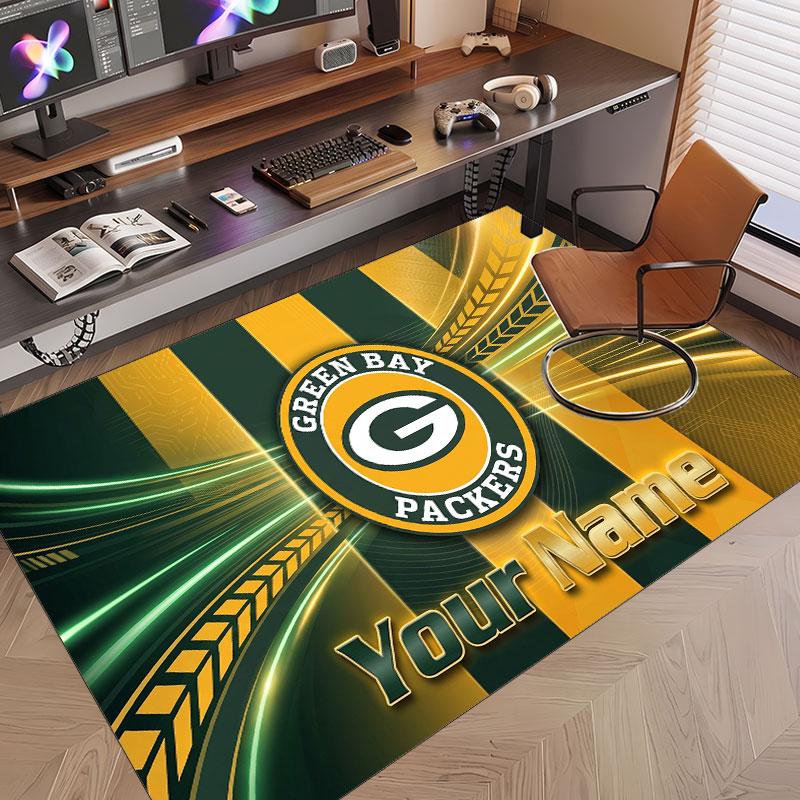 Custom Rug Green Bay Packers Pattern Print Name Text Soft Non‑Slip Floor Carpet for Home Indoor Decoration