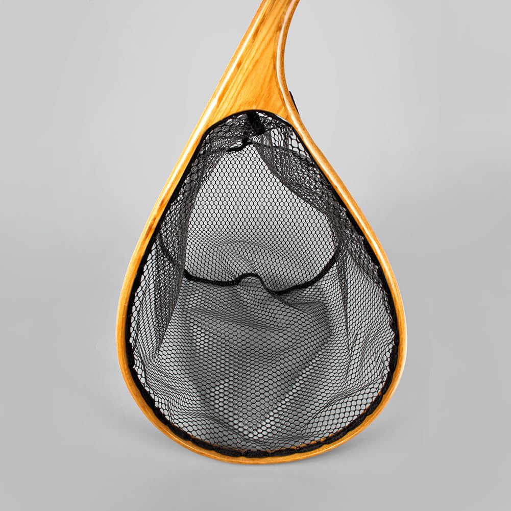 Yoomoo Fly Landing Net, Wooden and Rubber Net, Curved Pattern, for Mountain Stream Fishing, 3.5kg Neodymium Magnet (Crank, Handle, Large, White)