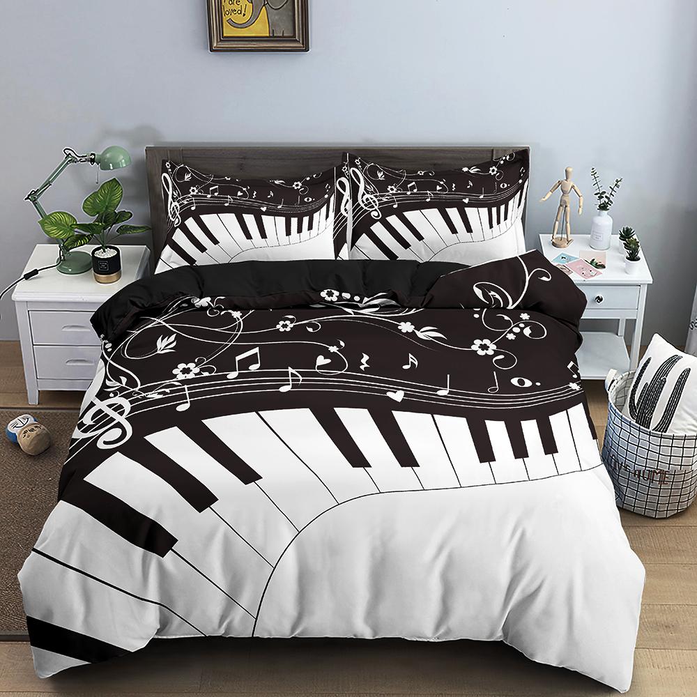 Retro Music Theme Piano Soft with Soft Fabric Duvet Cover - Rotating Musical Notes Design, Black And White Stave, for Young Girls