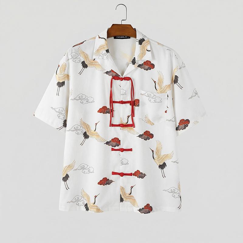 

INCERUN Vintage MenLapel Neck Short Sleeve Button Down Print Casual Shirts 5XL білий