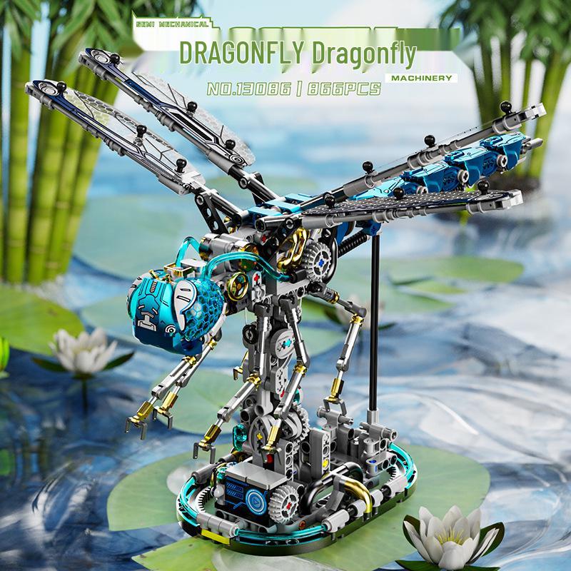 Meiji Building Blocks: Mechanical Dragonfly, Frog, Parrot, Mantis Interlocking Animal Model Toy.