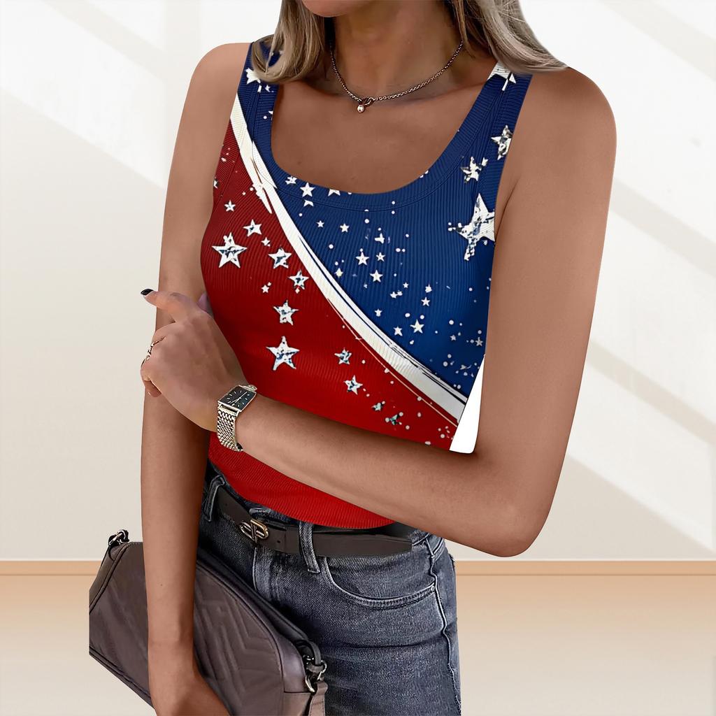Women's Summer Fashionable Casual Independence Day Printed Round Neck Sleeveless Top Fitted Vest