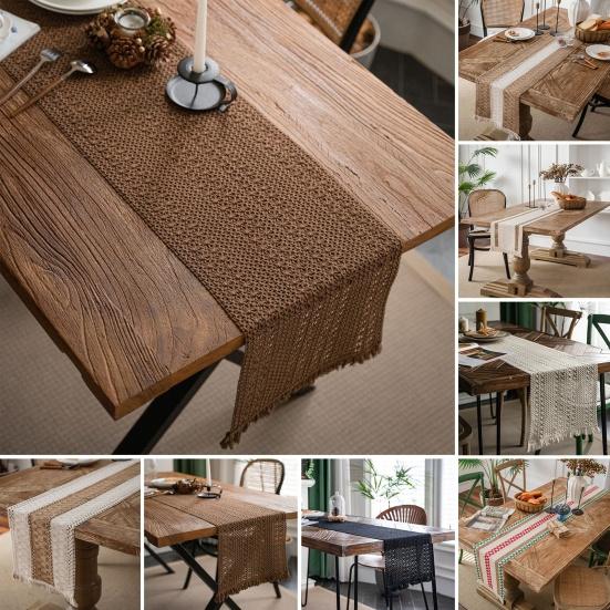 Cotton Linen Table Runner Tassel Table Flag Reusable Holiday Table Decor