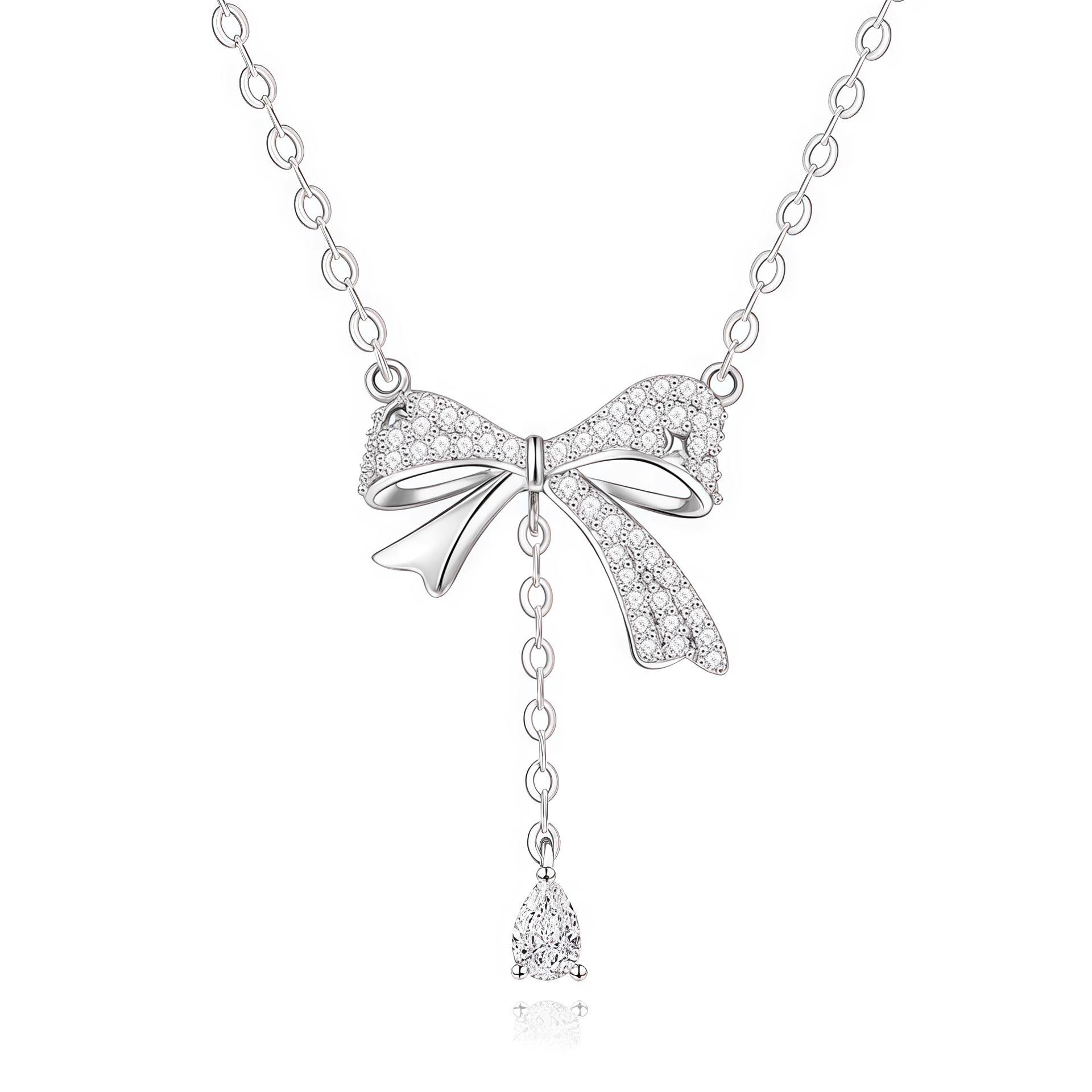S999 Sterling Silver Diamond Bow Knot Necklace with Tassel Zircon Water Drop Clavicle Chain S925 Sterling Silver - Tassel Bow Knot - Platinum