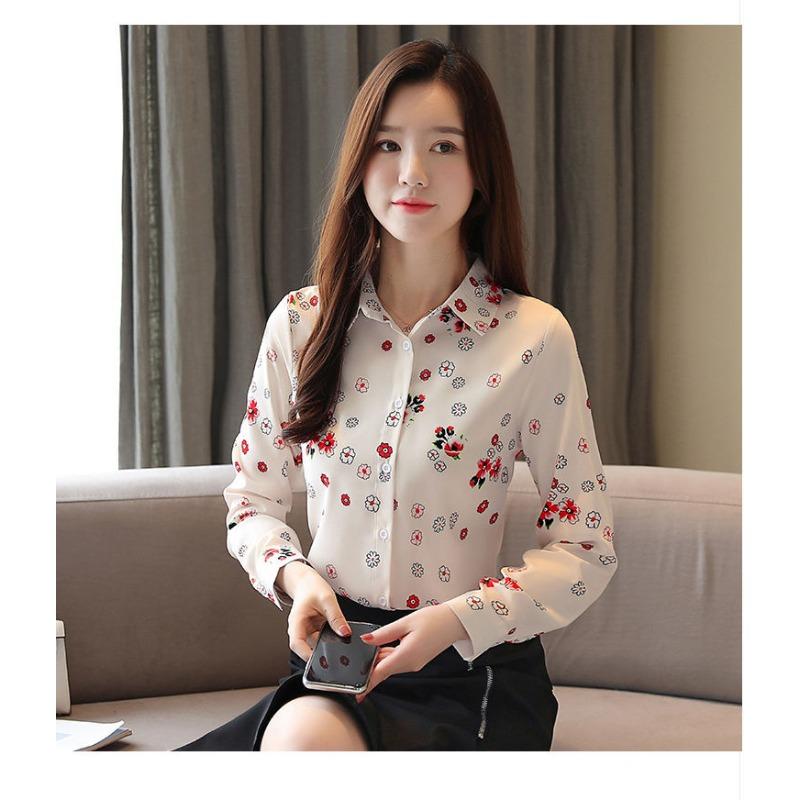 YYFS Women's Fashion Casual Spring Autumn Flower Pattern Print Long Sleeve POLO Neck Blouses & Shirts